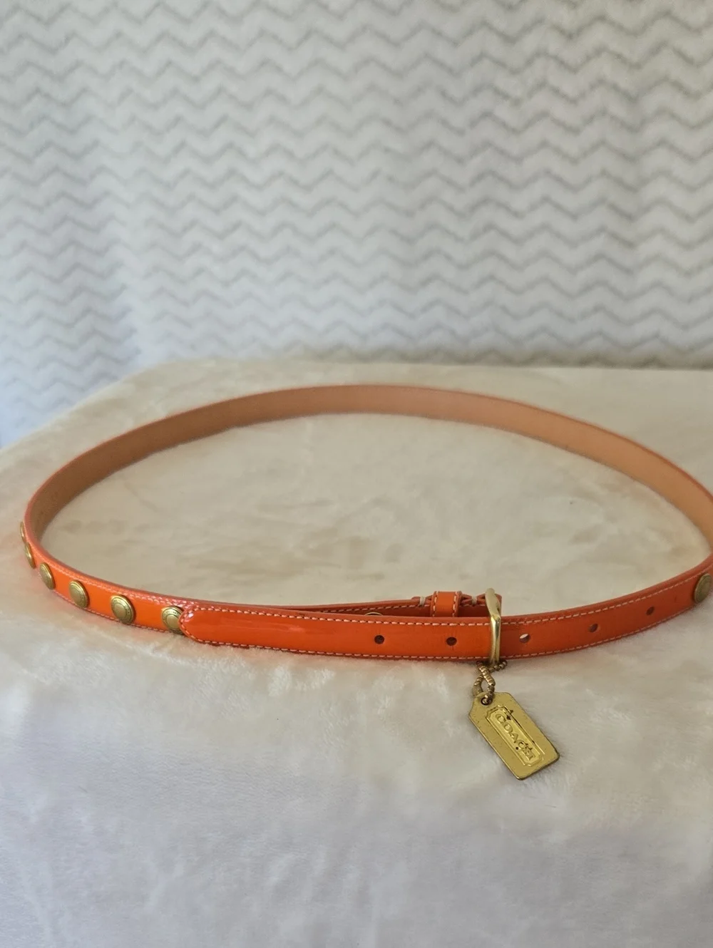 Coach Orange Leather Stud Belt with Gold Metal Hang Tag